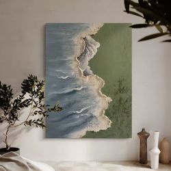 白色和绿色的海滩海浪3d纹理画瓦比-萨比墙艺术大型风景画布艺术